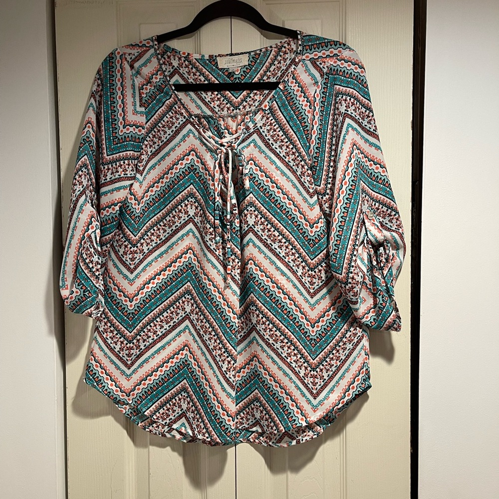 Soulmates Turquoise & White Blouse Size L